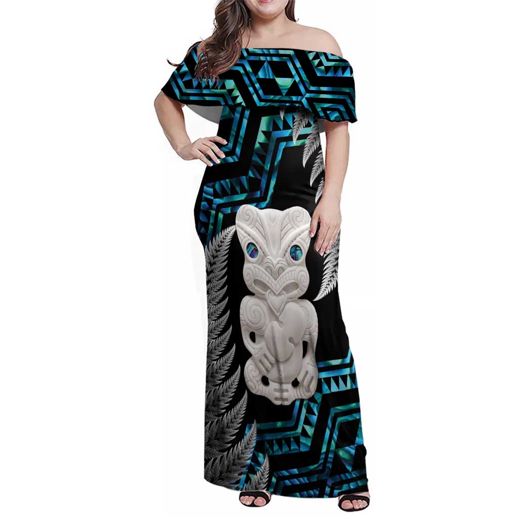 Aotearoa Taniko Paua Shell With Hei Tiki Family Matching Off Shoulder Maxi Dress and Hawaiian Shirt LT14 Mom's Dress Black - Polynesian Pride