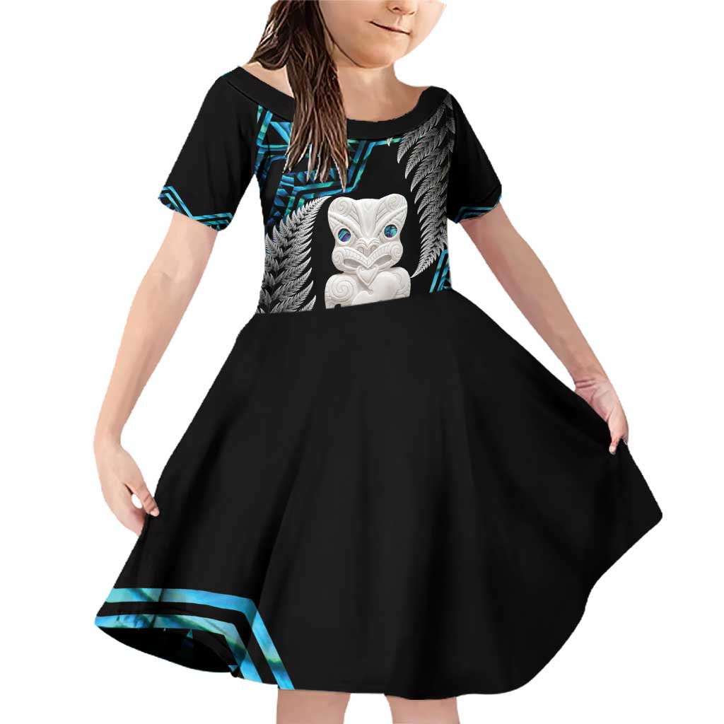 Aotearoa Taniko Paua Shell With Hei Tiki Family Matching Off Shoulder Short Dress and Hawaiian Shirt LT14 Daughter's Dress Black - Polynesian Pride