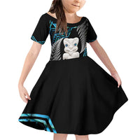 Aotearoa Taniko Paua Shell With Hei Tiki Family Matching Off Shoulder Short Dress and Hawaiian Shirt LT14 Daughter's Dress Black - Polynesian Pride
