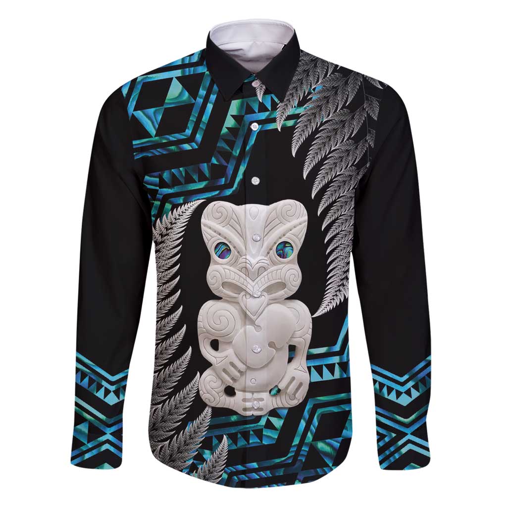 Aotearoa Taniko Paua Shell With Hei Tiki Family Matching Off Shoulder Short Dress and Hawaiian Shirt LT14 Dad's Shirt - Long Sleeve Black - Polynesian Pride