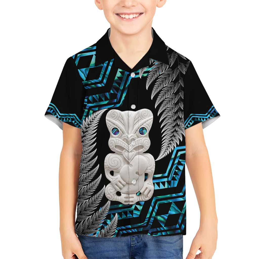 Aotearoa Taniko Paua Shell With Hei Tiki Family Matching Puletasi and Hawaiian Shirt LT14 Son's Shirt Black - Polynesian Pride