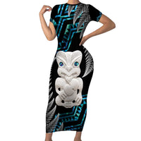 Aotearoa Taniko Paua Shell With Hei Tiki Family Matching Short Sleeve Bodycon Dress and Hawaiian Shirt LT14 Mom's Dress Black - Polynesian Pride