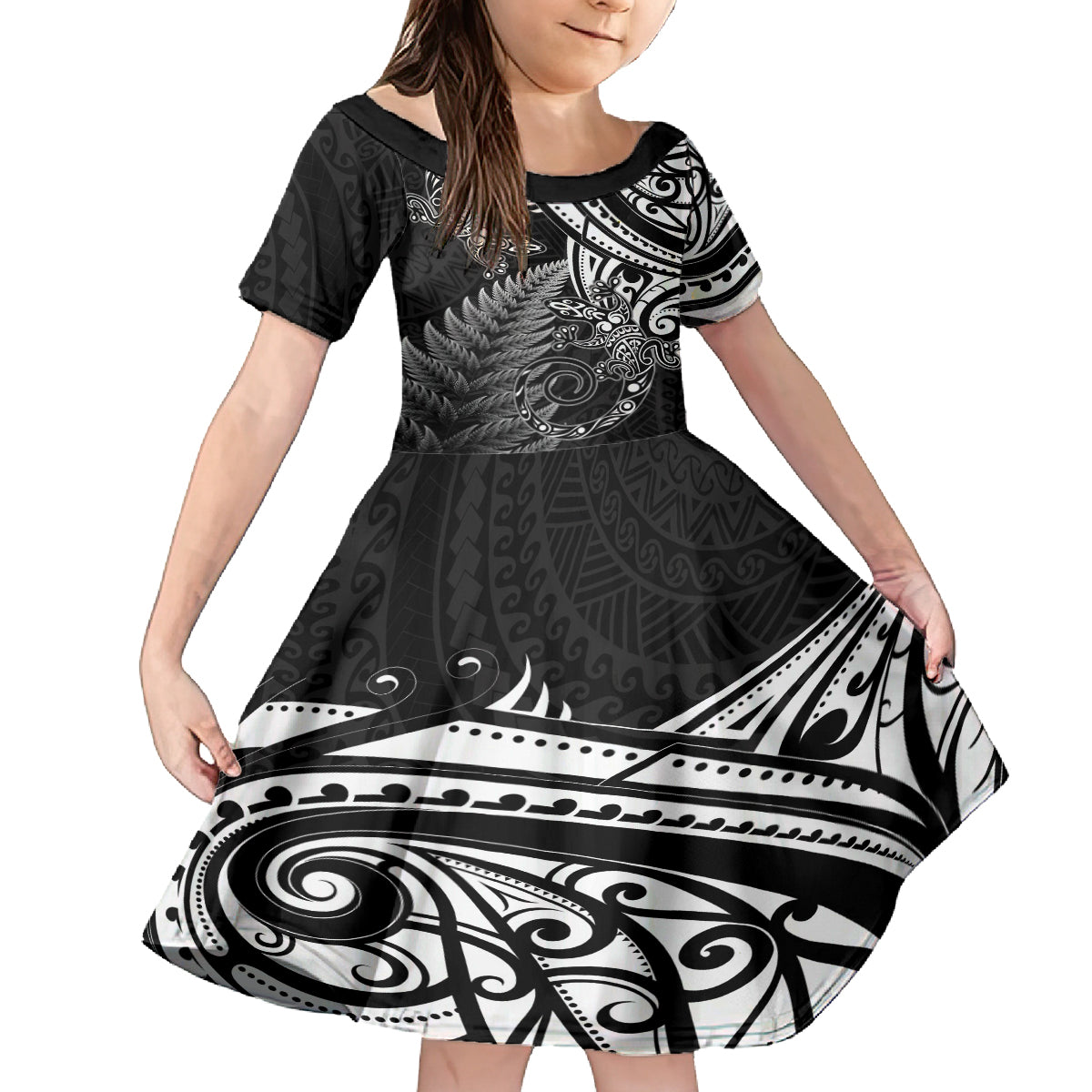 New Zealand Lizard Family Matching Off Shoulder Short Dress and Hawaiian Shirt Silver Fern Aotearoa Maori LT14 Daughter's Dress Black - Polynesian Pride