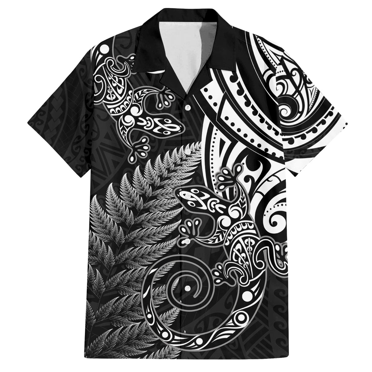 New Zealand Lizard Family Matching Tank Maxi Dress and Hawaiian Shirt Silver Fern Aotearoa Maori LT14 Dad's Shirt - Short Sleeve Black - Polynesian Pride
