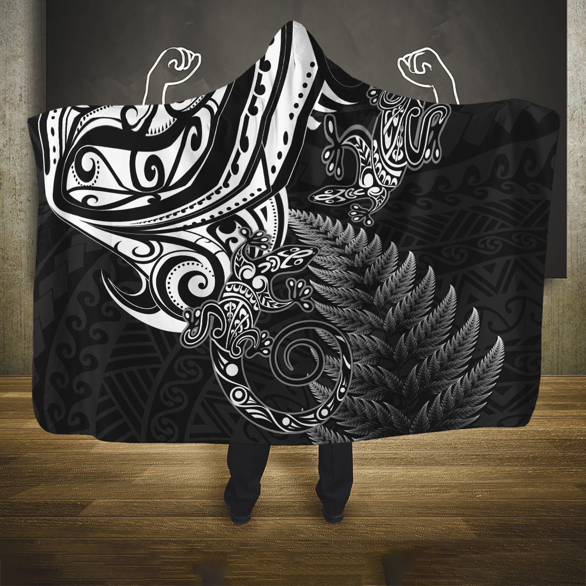 New Zealand Lizard Hooded Blanket Silver Fern Aotearoa Maori LT14 One Size Black - Polynesian Pride