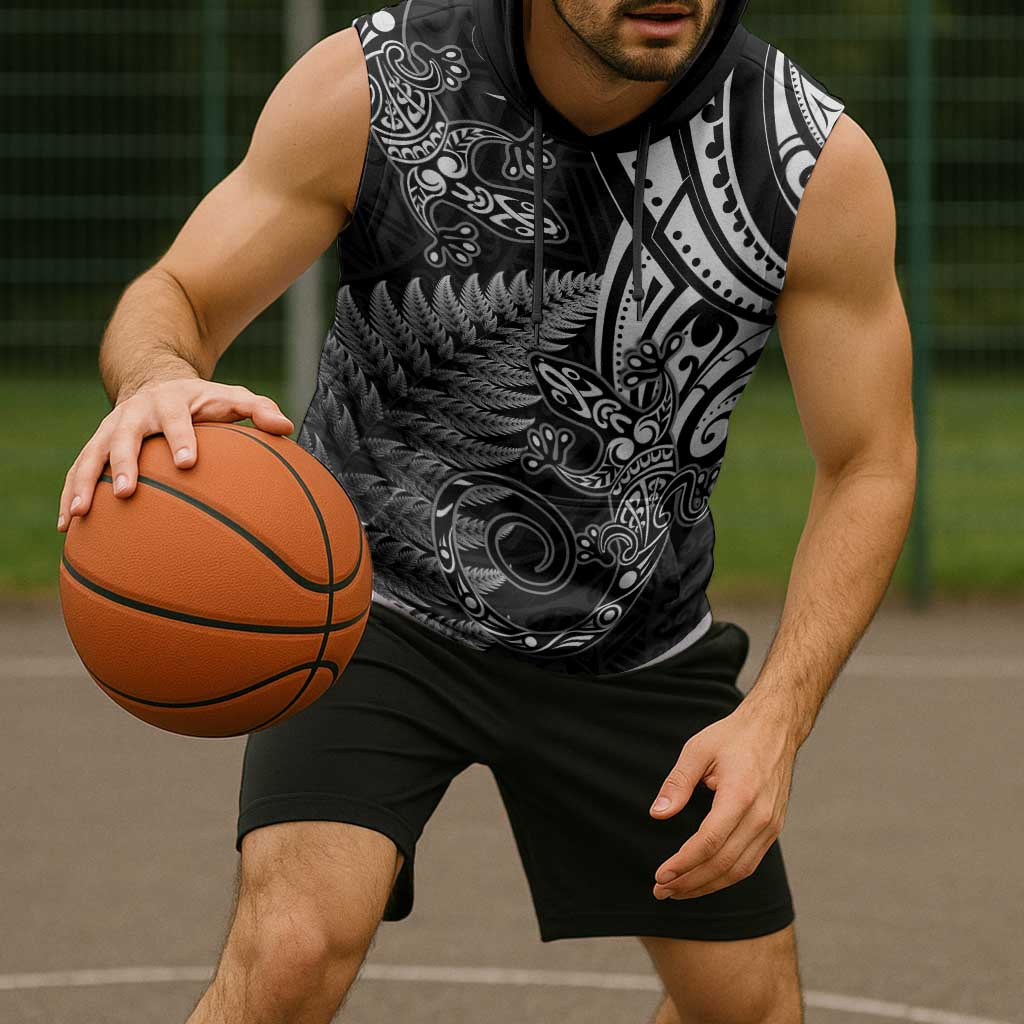 New Zealand Lizard Sleeveless Hoodie Silver Fern Aotearoa Maori - Polynesian Pride