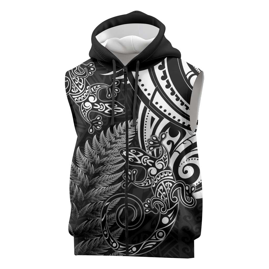 New Zealand Lizard Sleeveless Zip Hoodie Silver Fern Aotearoa Maori LT14 Black - Polynesian Pride