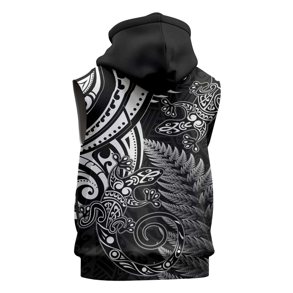 New Zealand Lizard Sleeveless Zip Hoodie Silver Fern Aotearoa Maori LT14 - Polynesian Pride