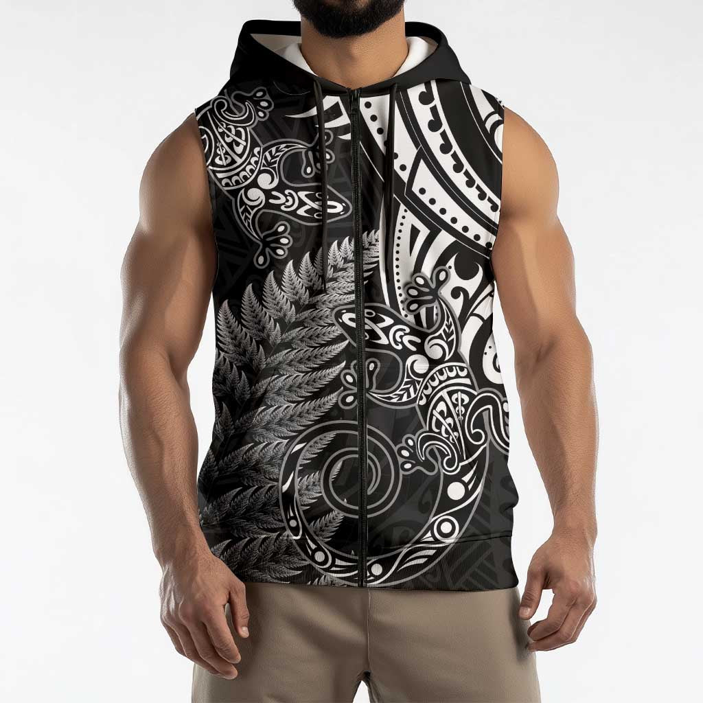 New Zealand Lizard Sleeveless Zip Hoodie Silver Fern Aotearoa Maori LT14 - Polynesian Pride