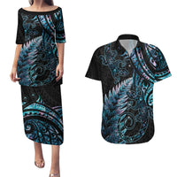New Zealand Lizard Couples Matching Puletasi and Hawaiian Shirt Silver Fern Aotearoa Maori With Paua Shell LT14 Turquoise - Polynesian Pride