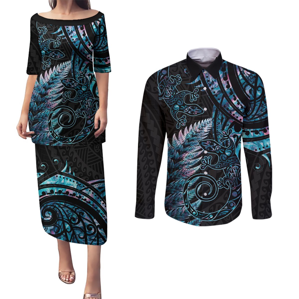 New Zealand Lizard Couples Matching Puletasi and Long Sleeve Button Shirt Silver Fern Aotearoa Maori With Paua Shell LT14 Turquoise - Polynesian Pride