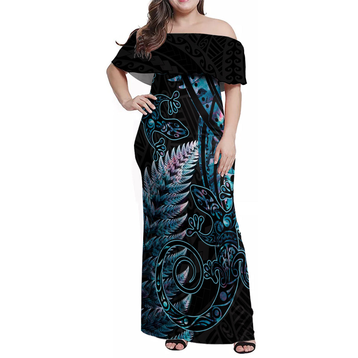 New Zealand Lizard Family Matching Off Shoulder Maxi Dress and Hawaiian Shirt Silver Fern Aotearoa Maori With Paua Shell LT14 Mom's Dress Turquoise - Polynesian Pride