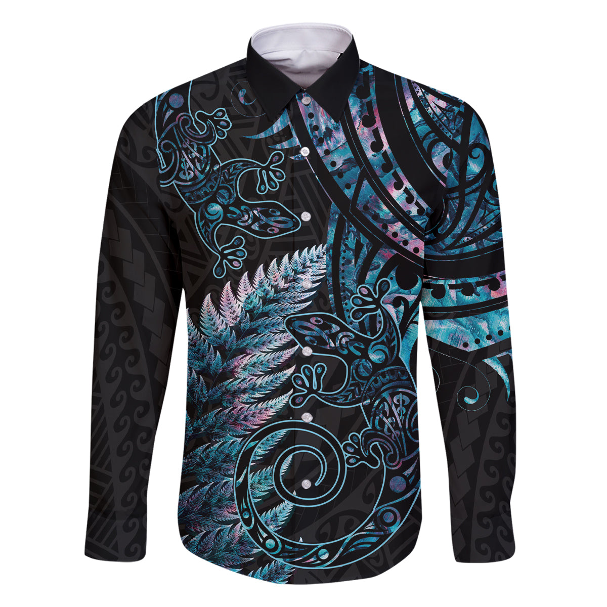 New Zealand Lizard Family Matching Summer Maxi Dress and Hawaiian Shirt Silver Fern Aotearoa Maori With Paua Shell LT14 Dad's Shirt - Long Sleeve Turquoise - Polynesian Pride