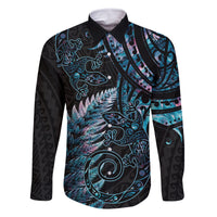New Zealand Lizard Family Matching Summer Maxi Dress and Hawaiian Shirt Silver Fern Aotearoa Maori With Paua Shell LT14 Dad's Shirt - Long Sleeve Turquoise - Polynesian Pride
