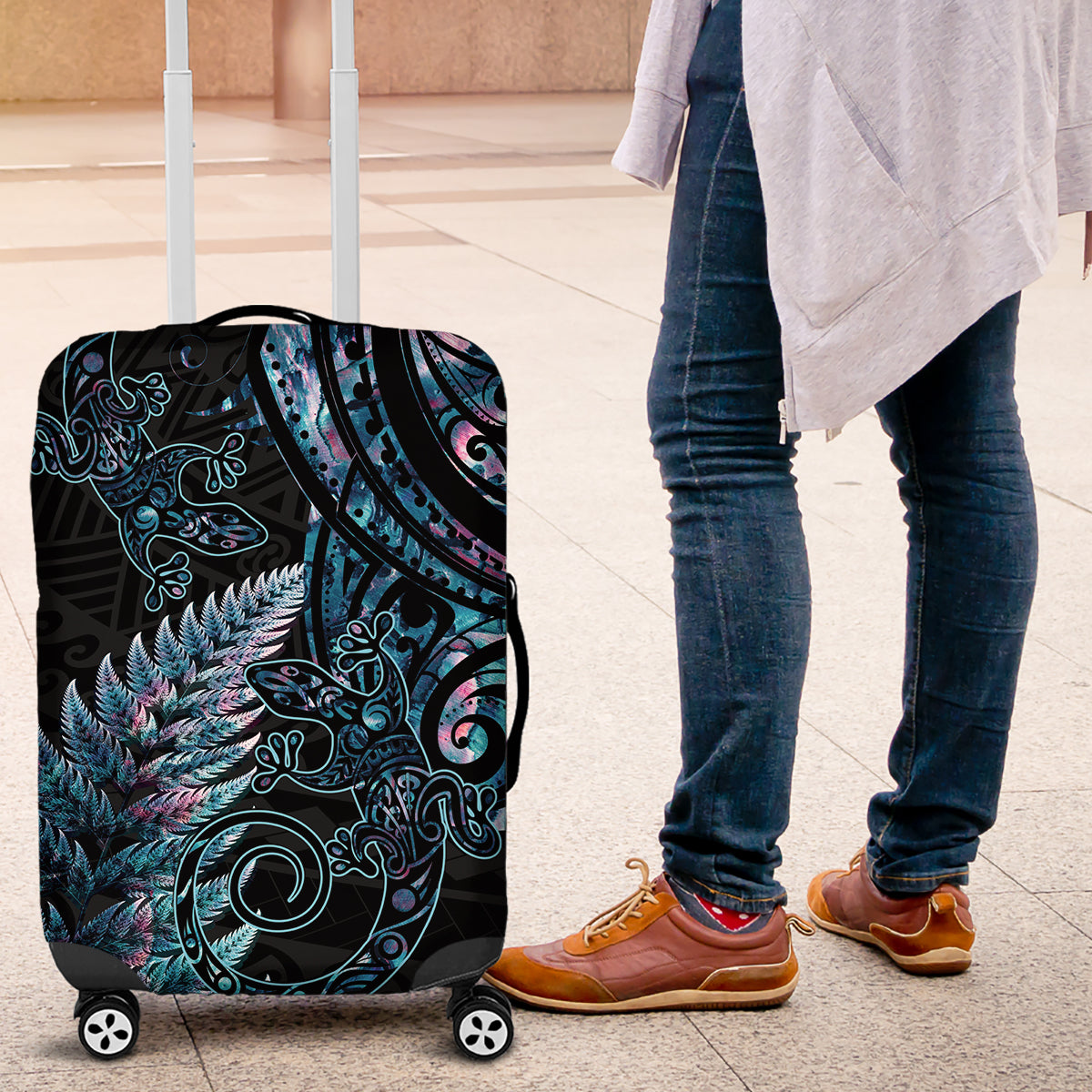New Zealand Lizard Luggage Cover Silver Fern Aotearoa Maori With Paua Shell
