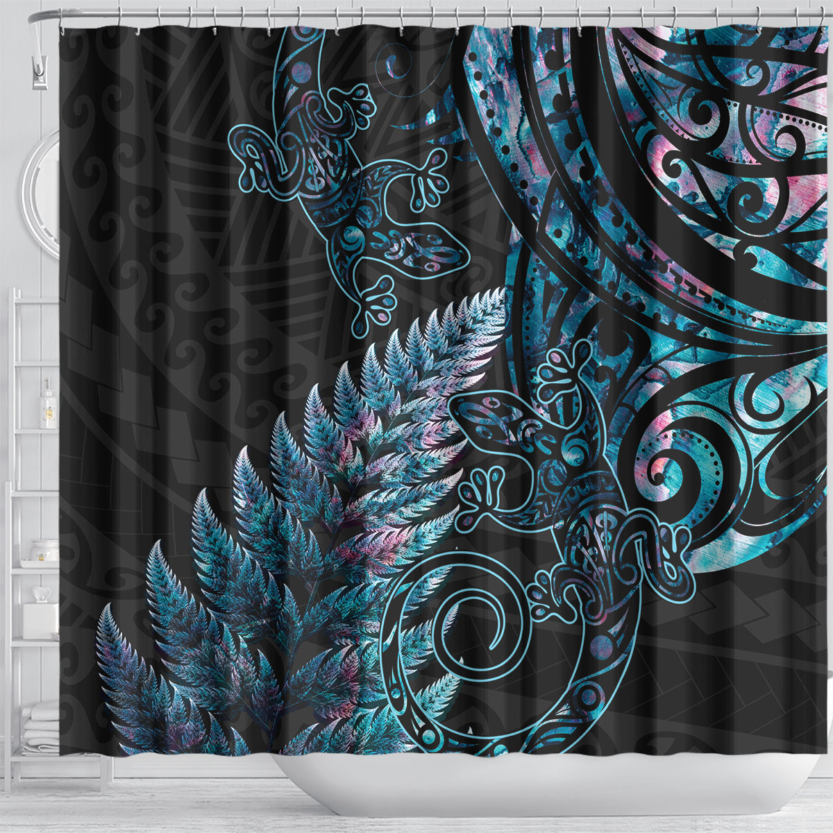 New Zealand Lizard Shower Curtain Silver Fern Aotearoa Maori With Paua Shell LT14 - Polynesian Pride