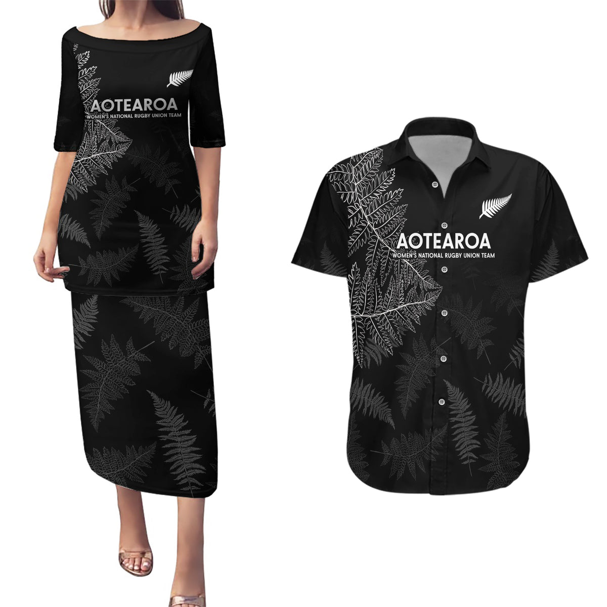 New Zealand Haka Rugby Couples Matching Puletasi and Hawaiian Shirt 2024 Pacific Go Black Silver Fern LT14 Black - Polynesian Pride
