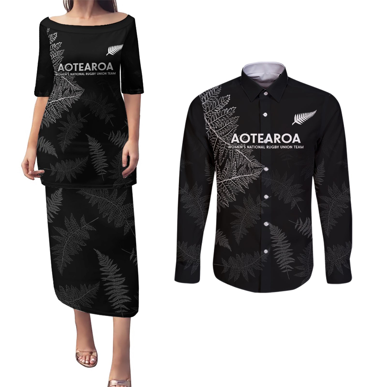 New Zealand Haka Rugby Couples Matching Puletasi and Long Sleeve Button Shirt 2024 Pacific Go Black Silver Fern LT14 Black - Polynesian Pride