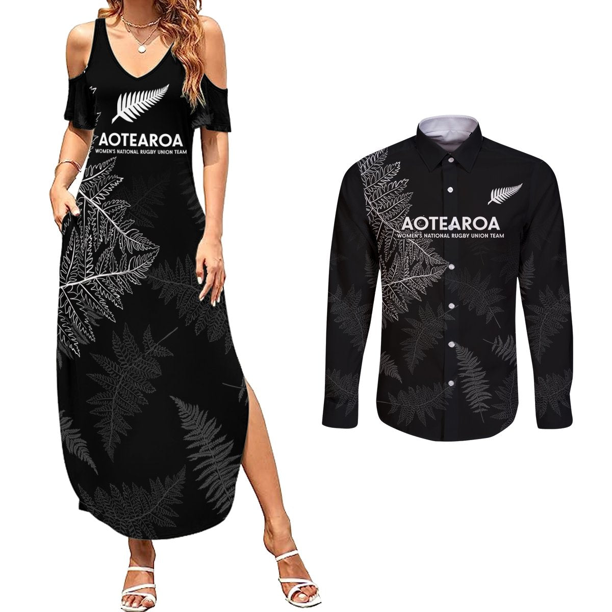New Zealand Haka Rugby Couples Matching Summer Maxi Dress and Long Sleeve Button Shirt 2024 Pacific Go Black Silver Fern LT14 Black - Polynesian Pride