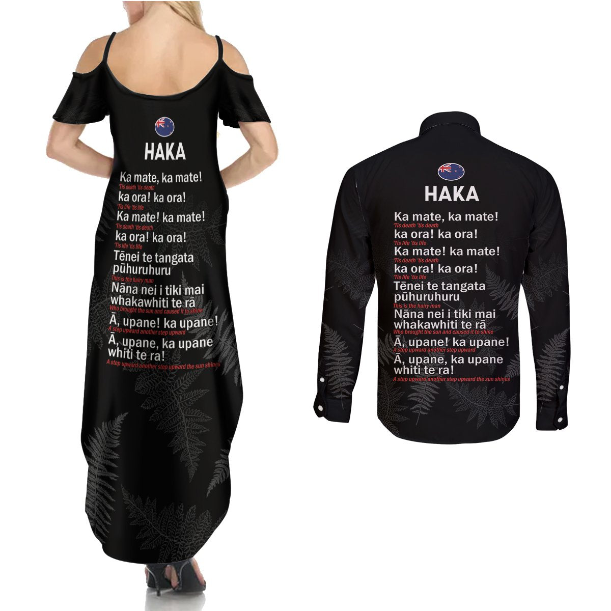 New Zealand Haka Rugby Couples Matching Summer Maxi Dress and Long Sleeve Button Shirt 2024 Pacific Go Black Silver Fern LT14 - Polynesian Pride