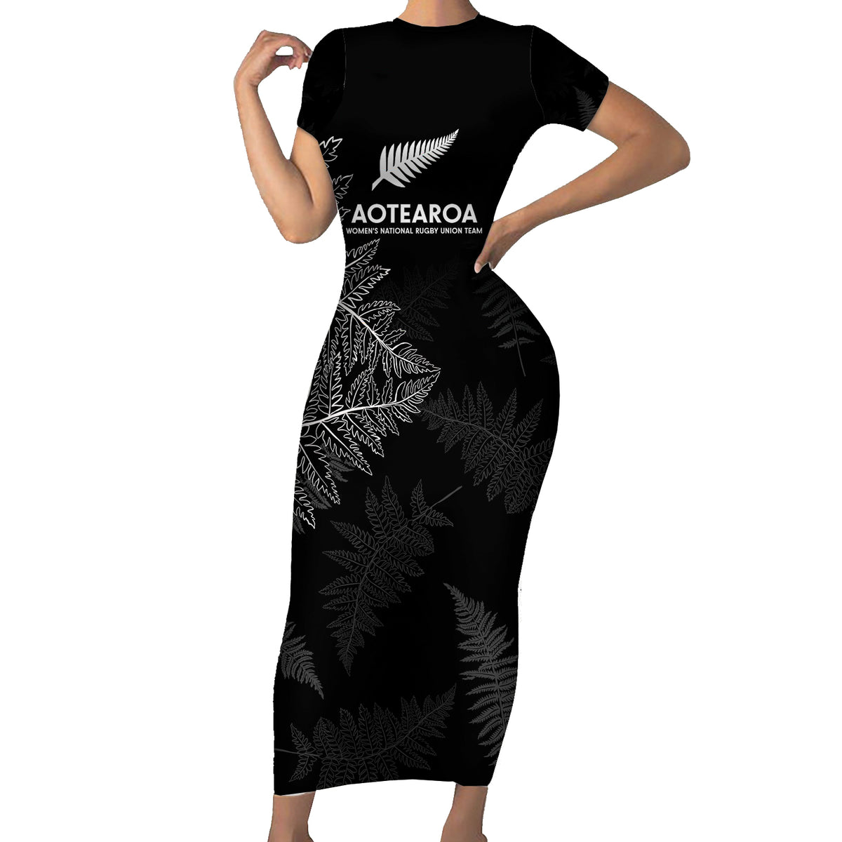 New Zealand Haka Rugby Short Sleeve Bodycon Dress 2024 Pacific Go Black Silver Fern LT14 Long Dress Black - Polynesian Pride