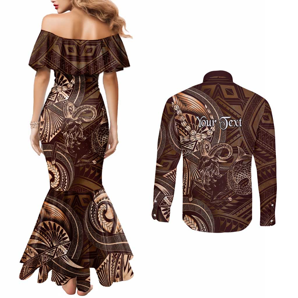 Personalised Polynesia Zodiac Capricorn Couples Matching Mermaid Dress and Long Sleeve Button Shirt Galaxy Polynesian Pattern Chest Tattoo Style