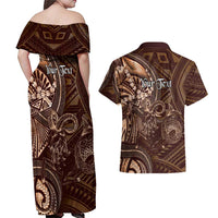Personalised Polynesia Zodiac Capricorn Couples Matching Off Shoulder Maxi Dress and Hawaiian Shirt Galaxy Polynesian Pattern Chest Tattoo Style