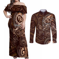 Personalised Polynesia Zodiac Capricorn Couples Matching Off Shoulder Maxi Dress and Long Sleeve Button Shirt Galaxy Polynesian Pattern Chest Tattoo Style