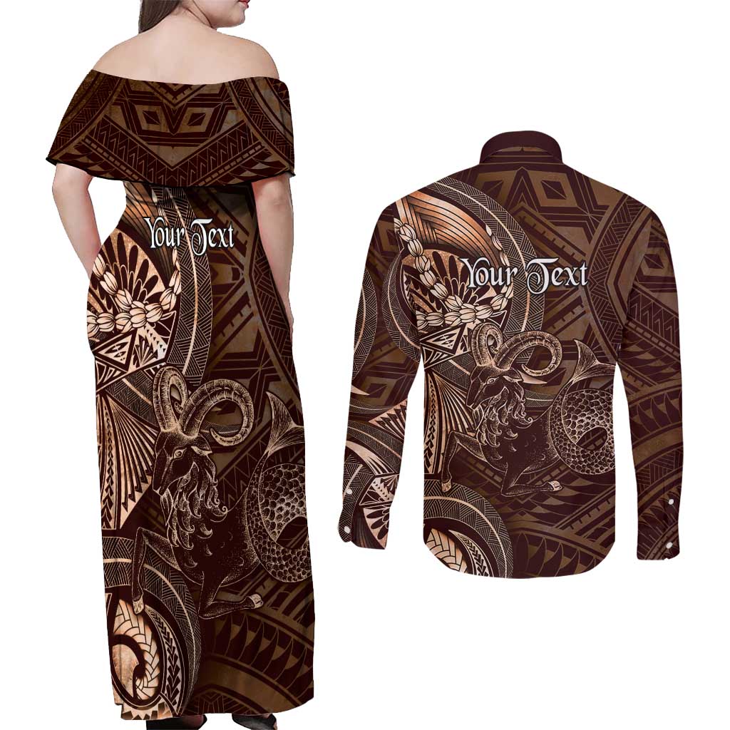 Personalised Polynesia Zodiac Capricorn Couples Matching Off Shoulder Maxi Dress and Long Sleeve Button Shirt Galaxy Polynesian Pattern Chest Tattoo Style