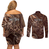 Personalised Polynesia Zodiac Capricorn Couples Matching Off Shoulder Short Dress and Long Sleeve Button Shirt Galaxy Polynesian Pattern Chest Tattoo Style