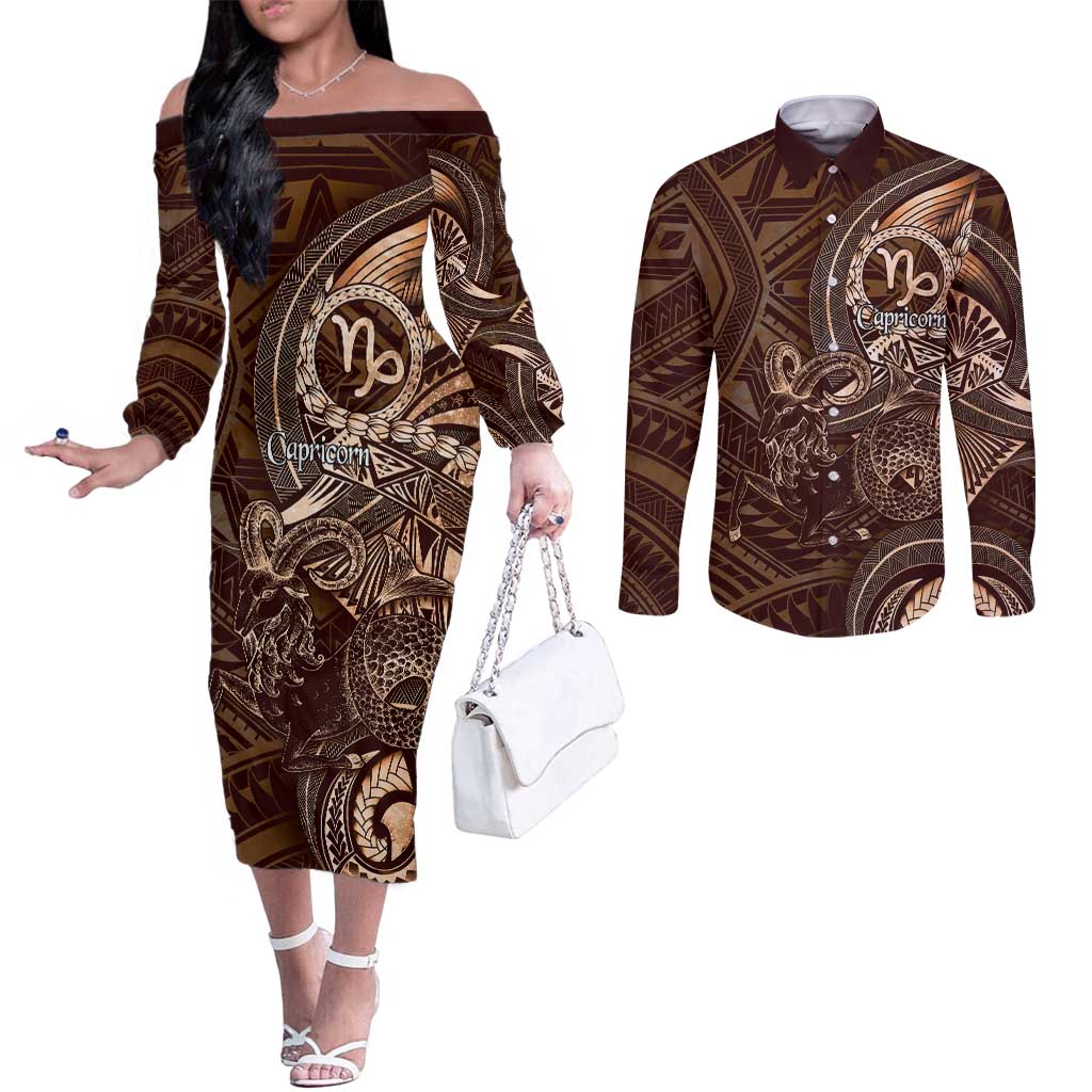 Personalised Polynesia Zodiac Capricorn Couples Matching Off The Shoulder Long Sleeve Dress and Long Sleeve Button Shirt Galaxy Polynesian Pattern Chest Tattoo Style
