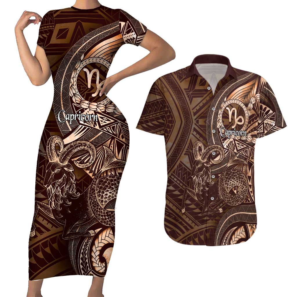 Personalised Polynesia Zodiac Capricorn Couples Matching Short Sleeve Bodycon Dress and Hawaiian Shirt Galaxy Polynesian Pattern Chest Tattoo Style LT14 Brown - Polynesian Pride