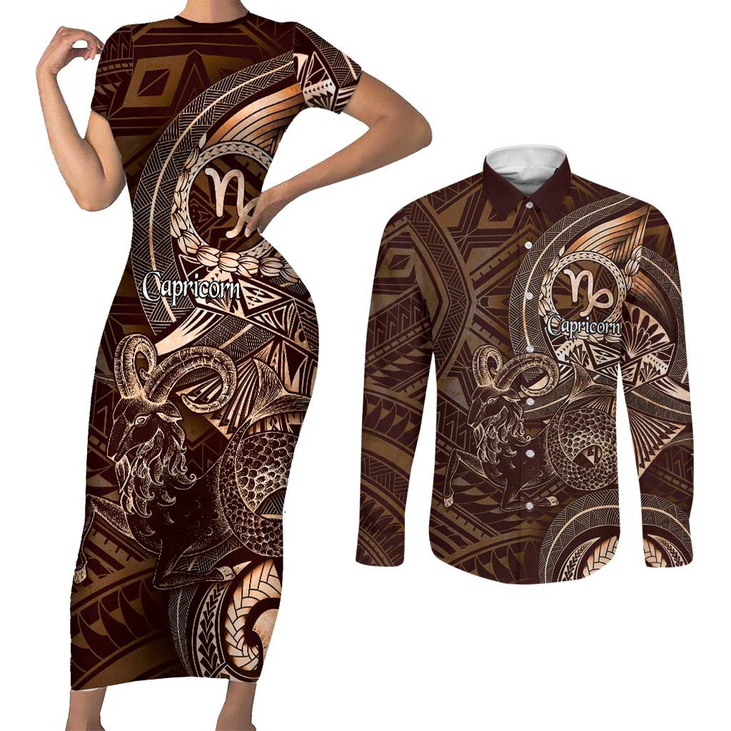 Personalised Polynesia Zodiac Capricorn Couples Matching Short Sleeve Bodycon Dress and Long Sleeve Button Shirt Galaxy Polynesian Pattern Chest Tattoo Style