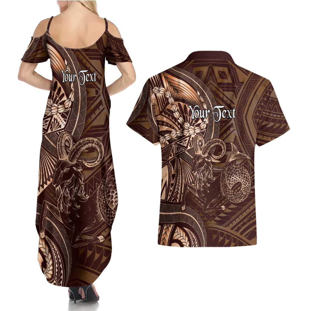 Personalised Polynesia Zodiac Capricorn Couples Matching Summer Maxi Dress and Hawaiian Shirt Galaxy Polynesian Pattern Chest Tattoo Style