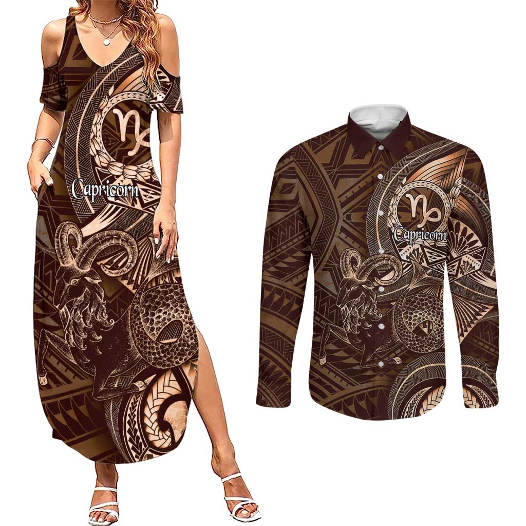 Personalised Polynesia Zodiac Capricorn Couples Matching Summer Maxi Dress and Long Sleeve Button Shirt Galaxy Polynesian Pattern Chest Tattoo Style