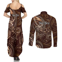 Personalised Polynesia Zodiac Capricorn Couples Matching Summer Maxi Dress and Long Sleeve Button Shirt Galaxy Polynesian Pattern Chest Tattoo Style