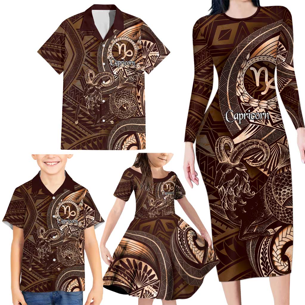 Personalised Polynesia Zodiac Capricorn Family Matching Long Sleeve Bodycon Dress and Hawaiian Shirt Galaxy Polynesian Pattern Chest Tattoo Style LT14 - Polynesian Pride