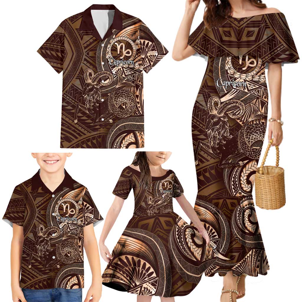 Personalised Polynesia Zodiac Capricorn Family Matching Mermaid Dress and Hawaiian Shirt Galaxy Polynesian Pattern Chest Tattoo Style