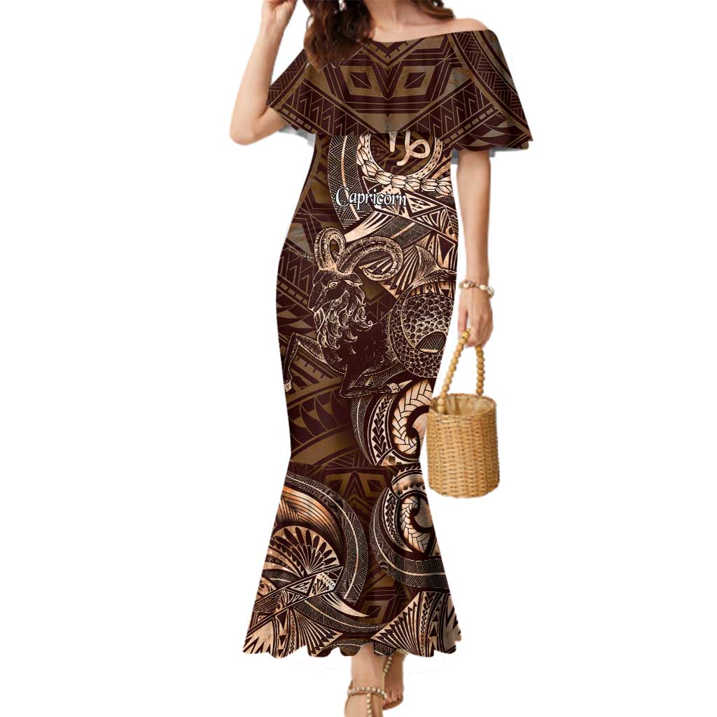 Personalised Polynesia Zodiac Capricorn Family Matching Mermaid Dress and Hawaiian Shirt Galaxy Polynesian Pattern Chest Tattoo Style LT14 Mom's Dress Brown - Polynesian Pride