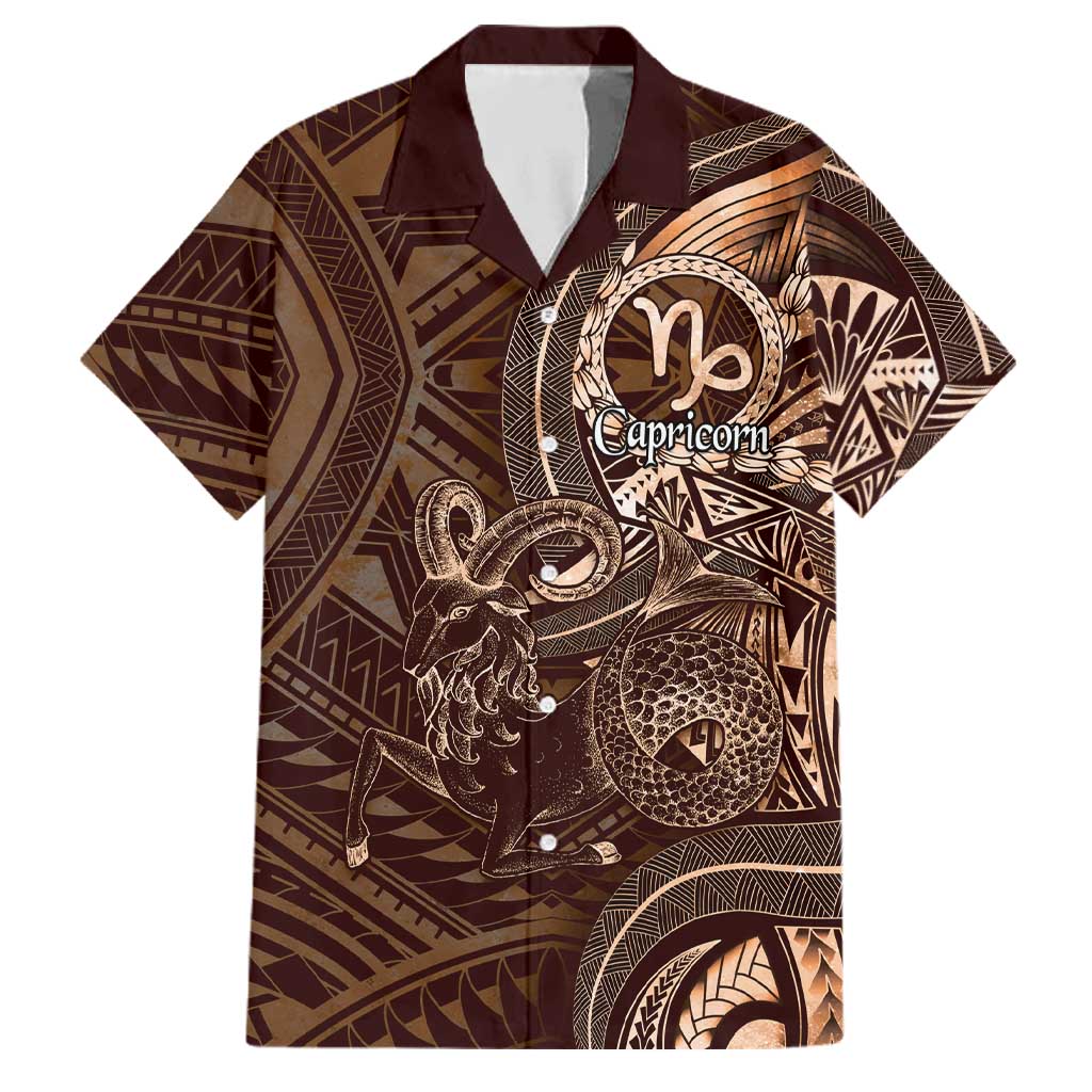 Personalised Polynesia Zodiac Capricorn Family Matching Off The Shoulder Long Sleeve Dress and Hawaiian Shirt Galaxy Polynesian Pattern Chest Tattoo Style LT14 Dad's Shirt - Short Sleeve Brown - Polynesian Pride
