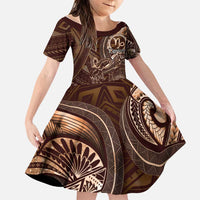 Personalised Polynesia Zodiac Capricorn Family Matching Off Shoulder Maxi Dress and Hawaiian Shirt Galaxy Polynesian Pattern Chest Tattoo Style LT14 Daughter's Dress Brown - Polynesian Pride