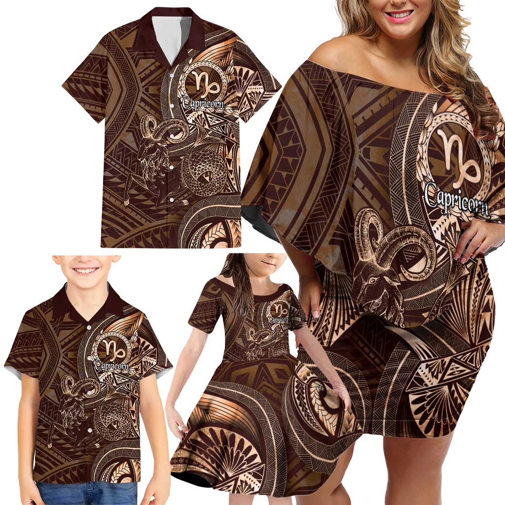 Personalised Polynesia Zodiac Capricorn Family Matching Off Shoulder Short Dress and Hawaiian Shirt Galaxy Polynesian Pattern Chest Tattoo Style LT14 - Polynesian Pride