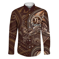 Personalised Polynesia Zodiac Capricorn Family Matching Off Shoulder Short Dress and Hawaiian Shirt Galaxy Polynesian Pattern Chest Tattoo Style LT14 Dad's Shirt - Long Sleeve Brown - Polynesian Pride