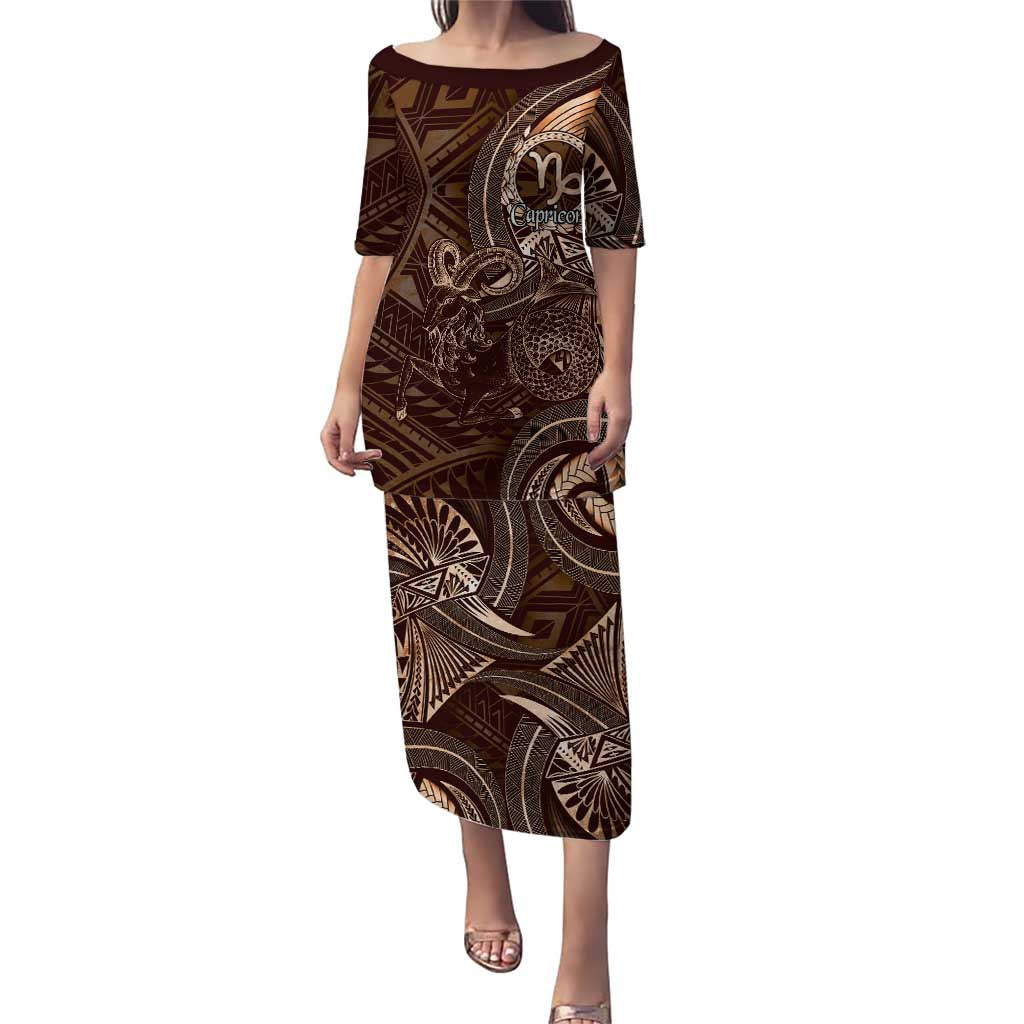 Personalised Polynesia Zodiac Capricorn Family Matching Puletasi and Hawaiian Shirt Galaxy Polynesian Pattern Chest Tattoo Style LT14 Mom's Dress Brown - Polynesian Pride