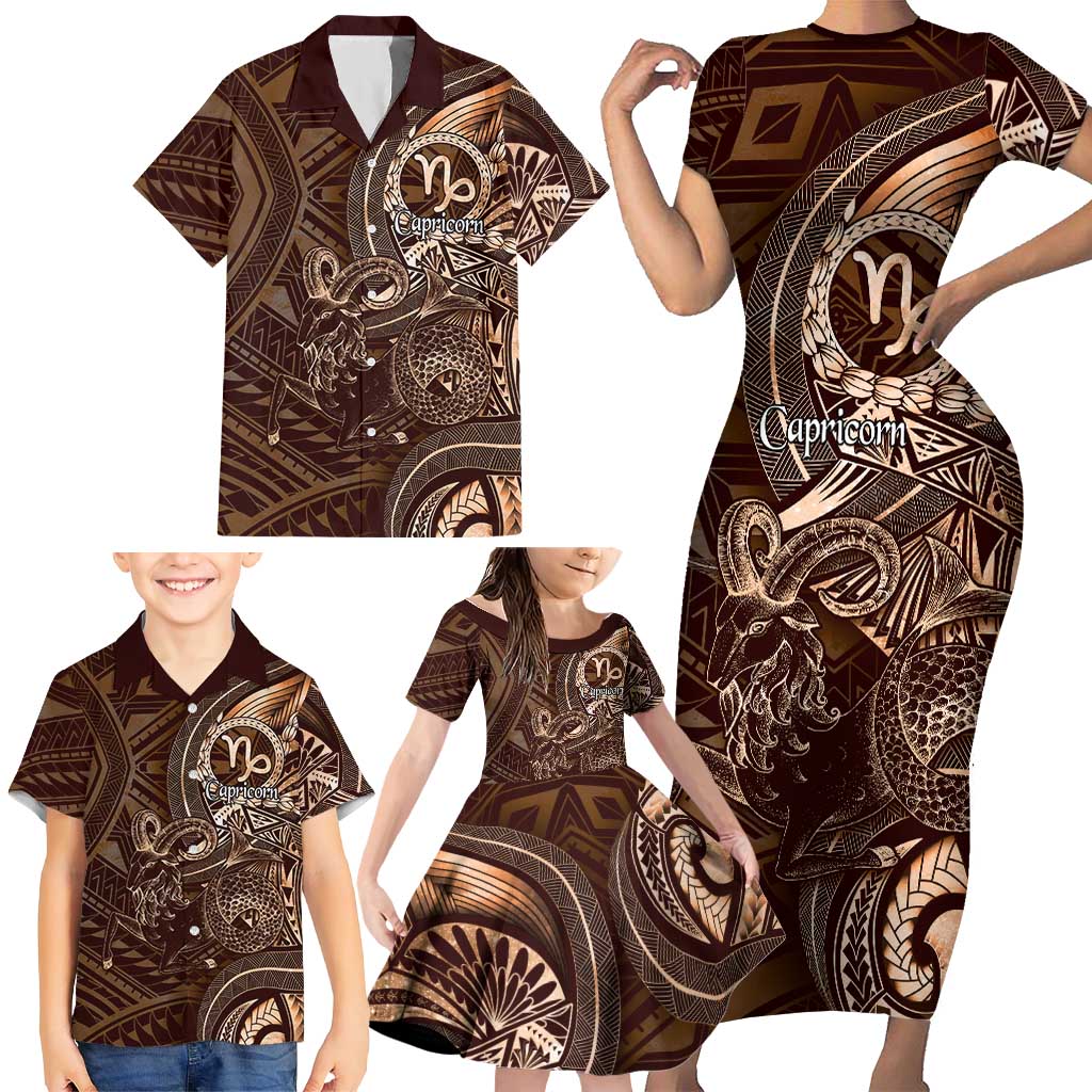 Personalised Polynesia Zodiac Capricorn Family Matching Short Sleeve Bodycon Dress and Hawaiian Shirt Galaxy Polynesian Pattern Chest Tattoo Style LT14 - Polynesian Pride
