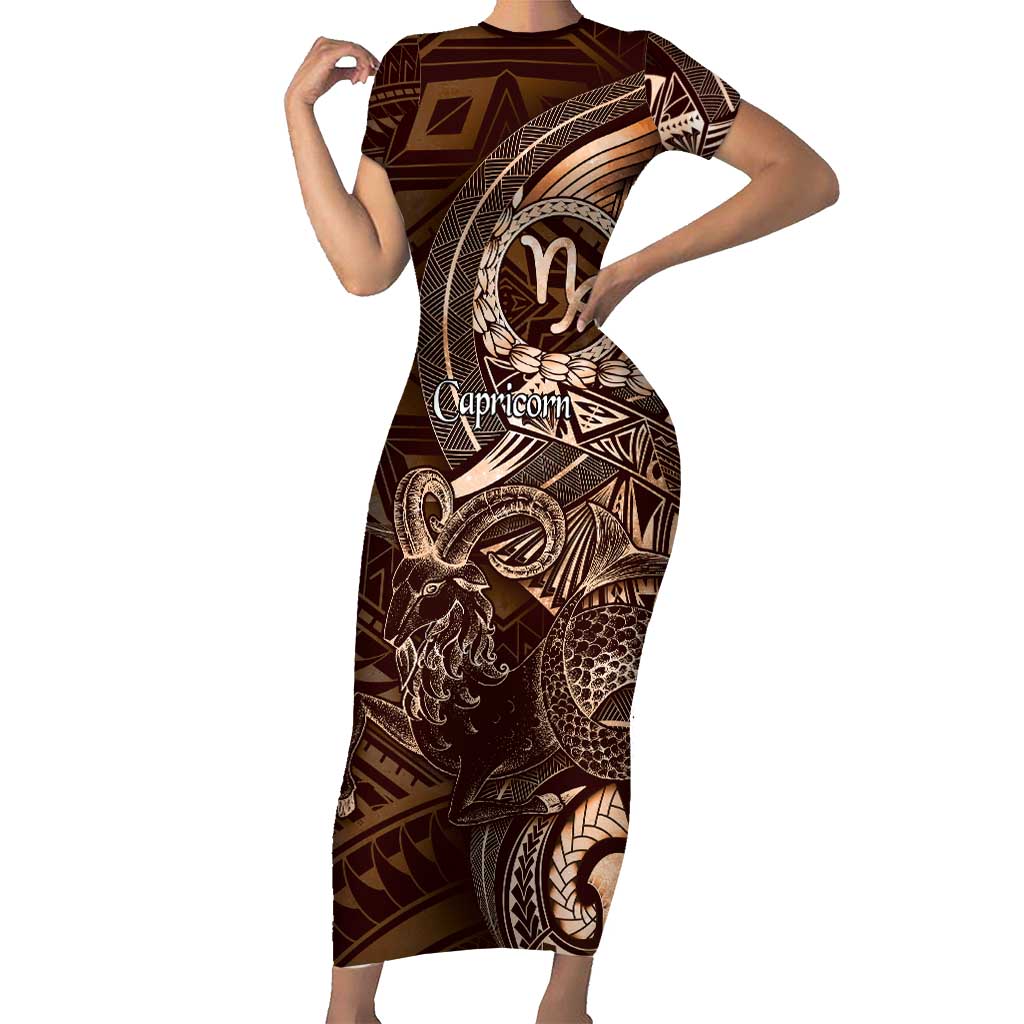 Personalised Polynesia Zodiac Capricorn Family Matching Short Sleeve Bodycon Dress and Hawaiian Shirt Galaxy Polynesian Pattern Chest Tattoo Style LT14 Mom's Dress Brown - Polynesian Pride