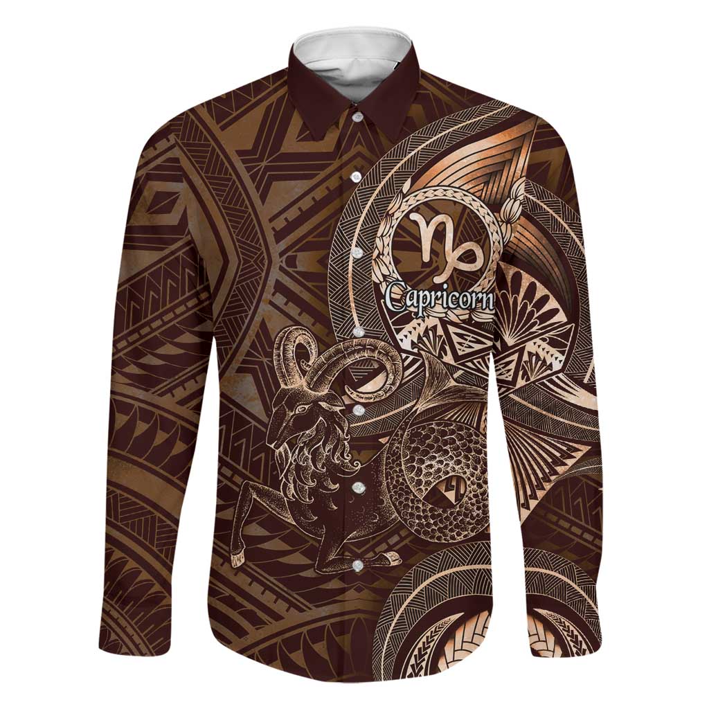 Personalised Polynesia Zodiac Capricorn Family Matching Tank Maxi Dress and Hawaiian Shirt Galaxy Polynesian Pattern Chest Tattoo Style LT14 Dad's Shirt - Long Sleeve Brown - Polynesian Pride
