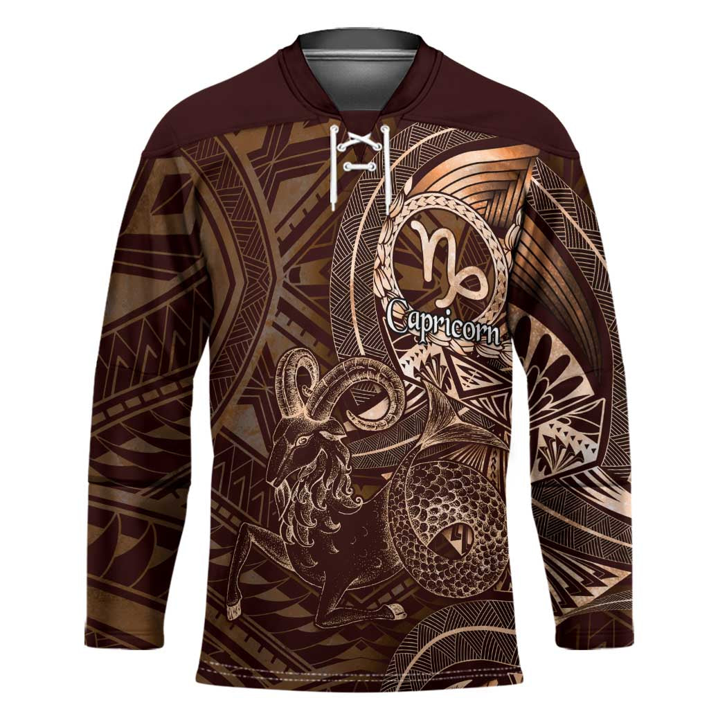 Personalised Polynesia Zodiac Capricorn Hockey Jersey Galaxy Polynesian Pattern Chest Tattoo Style LT14 Unisex Brown - Polynesian Pride