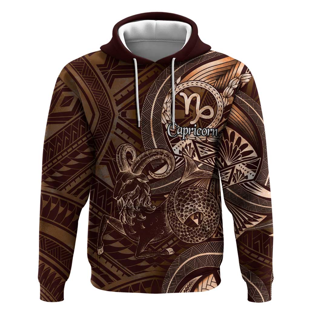 Personalised Polynesia Zodiac Capricorn Hoodie Galaxy Polynesian Pattern Chest Tattoo Style LT14 Pullover Hoodie Brown - Polynesian Pride
