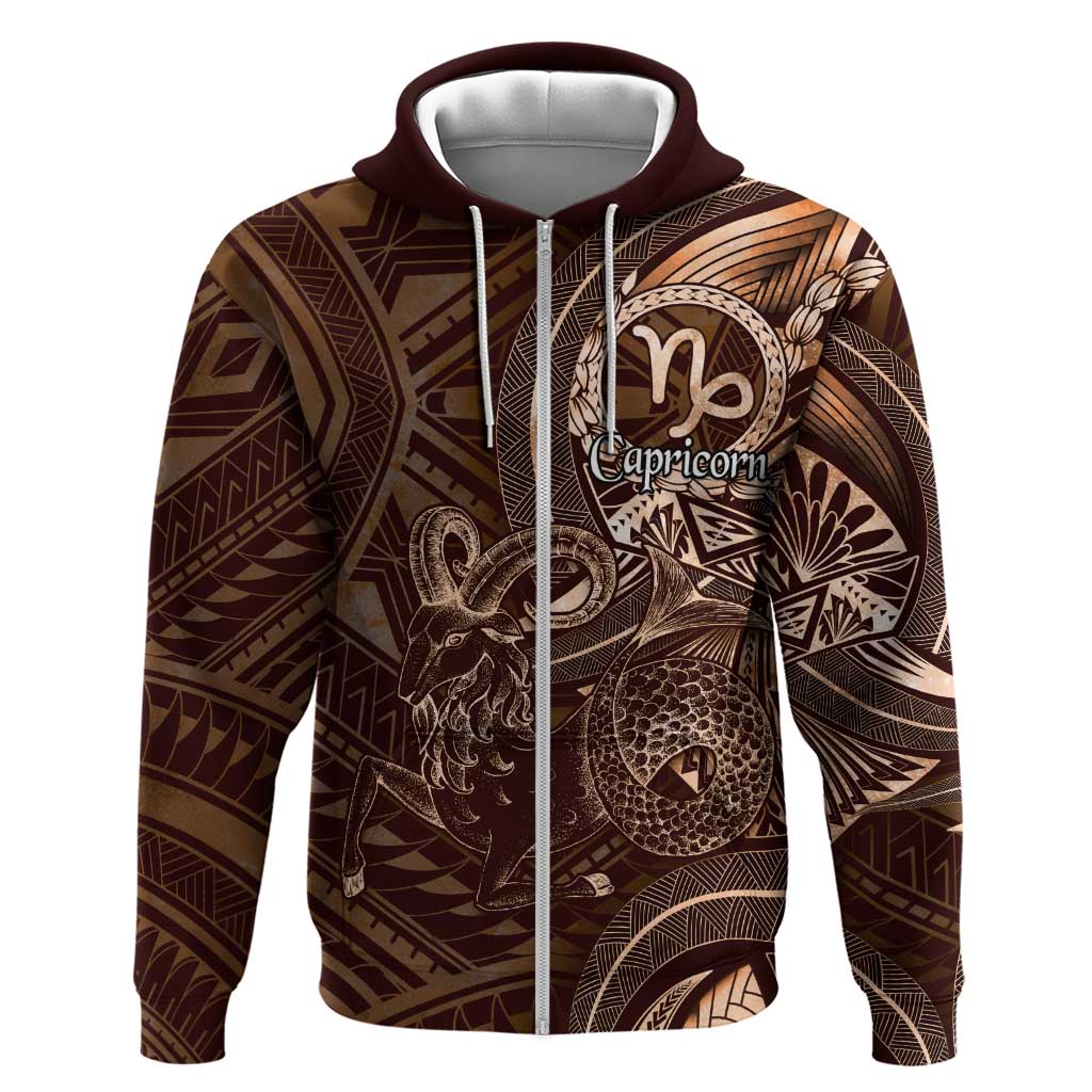 Personalised Polynesia Zodiac Capricorn Hoodie Galaxy Polynesian Pattern Chest Tattoo Style LT14 Zip Hoodie Brown - Polynesian Pride